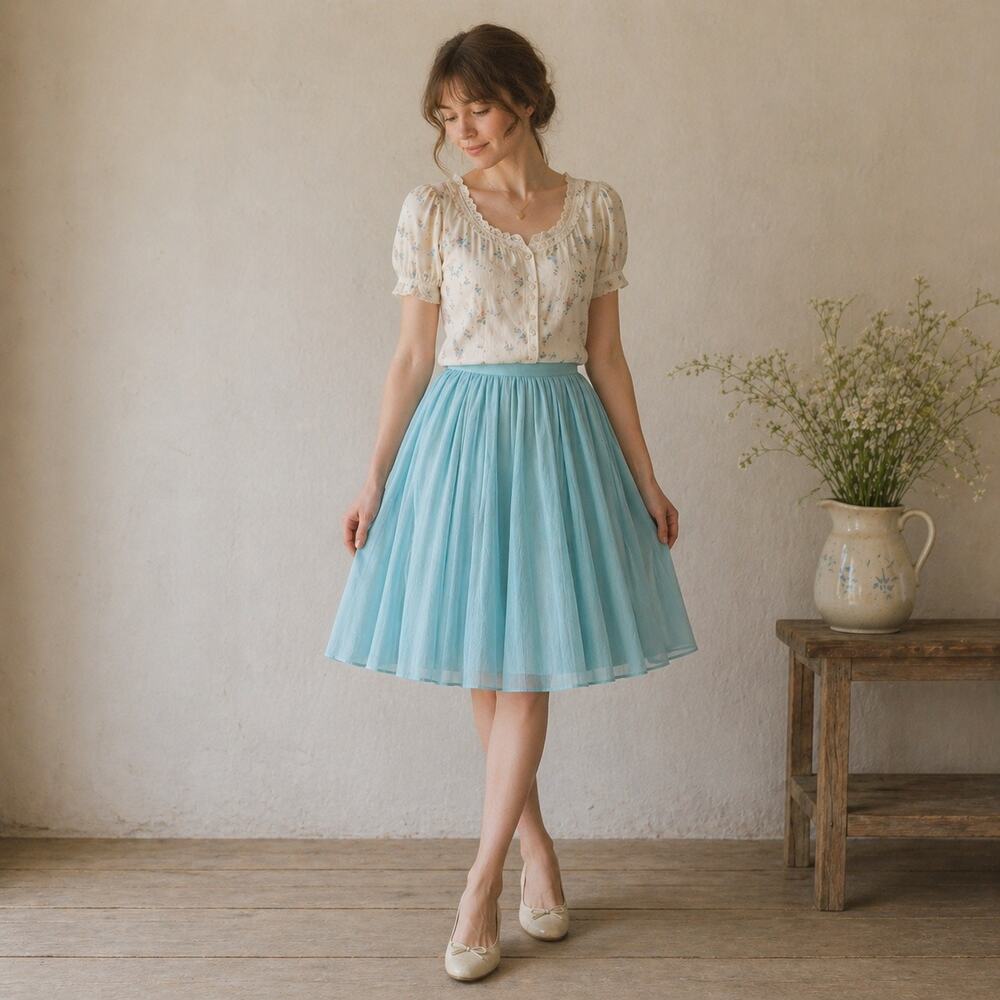 Vintage 1960s Aqua Crepe Chiffon Skirt Knee Length Full Sweep S